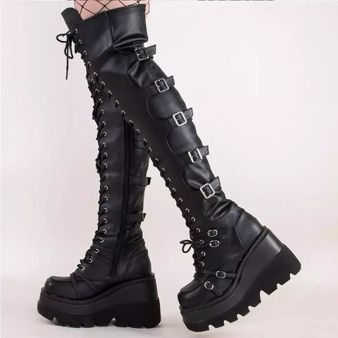 Trendy Black Thigh High Platform Wedges Boots