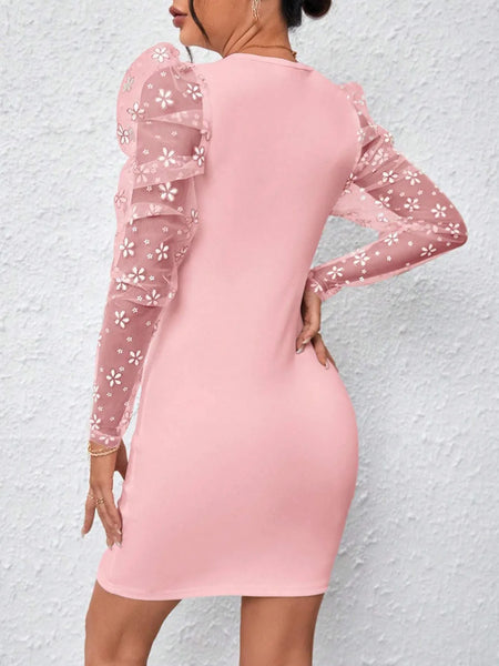 Trendy Floral Mesh Long Sleeve Party Dress