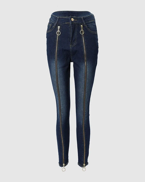 Trendy O-Ring  Zipper Decor High Waist Denem Jeans