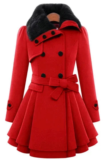 Trendy Woolen Fur Pleated Trench Coat