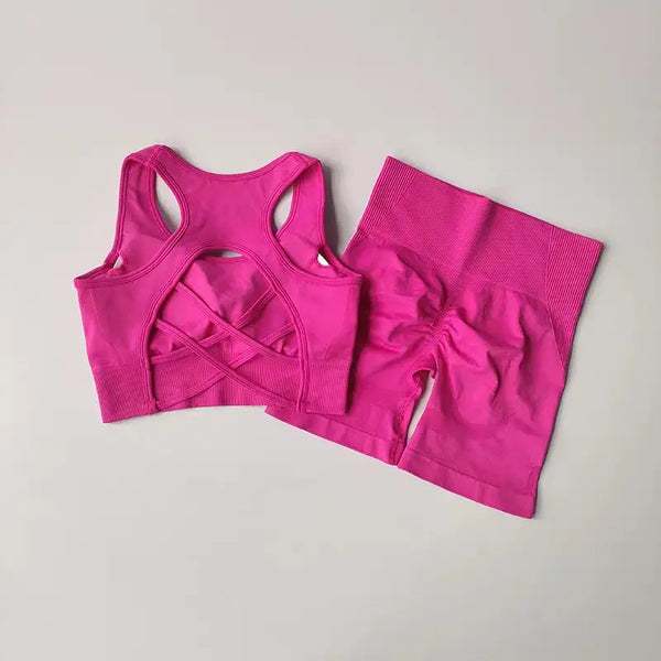 Trendy Yoga Crossed Two Piece Crop Top and Bottom Set