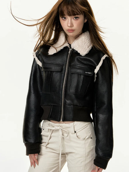 Trendy Faux Leather Lamb Wool Patchwork Cropped Jacket