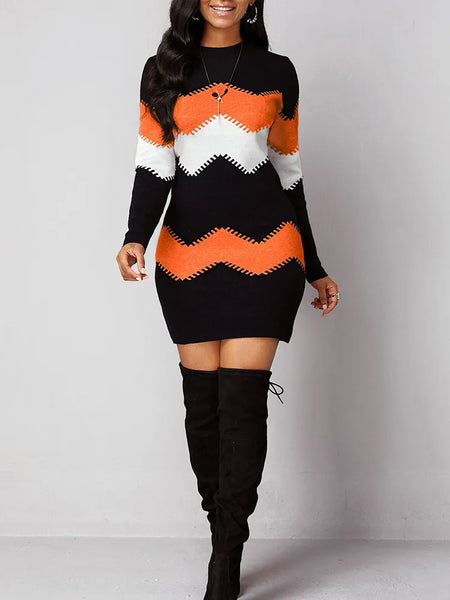 Trendy Knitted Long-sleeve Pattern Mini Dress