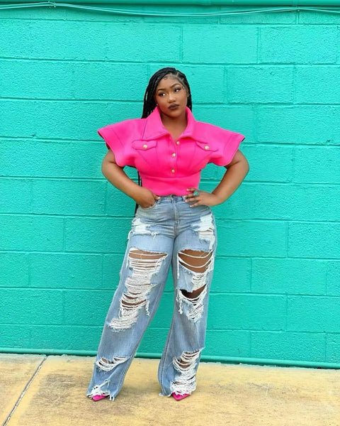 Trendy Rigged Hollow Out High Waist Denim Jeans