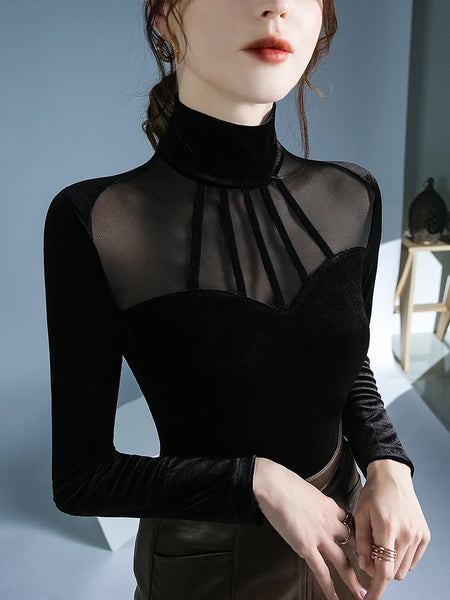 Trendy Black High Collar Velvet  Mesh  Blouse