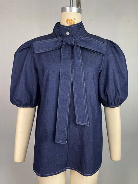 Trendy Puff Denim Blue Bowtie Collar