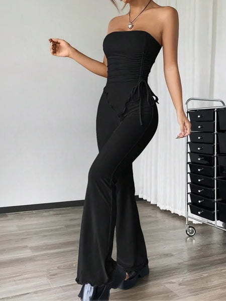 Trendy Two Piece Ruffle Crop Top And Pants Set