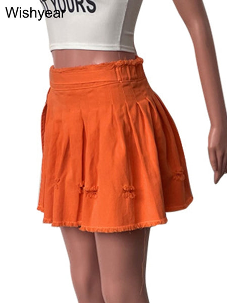 Wishyear Summer Side Slit Pleated Denim Mini Skirt for Women Tassel Ripped A Line Split Jean Short Dress Night Club Rave Outfits