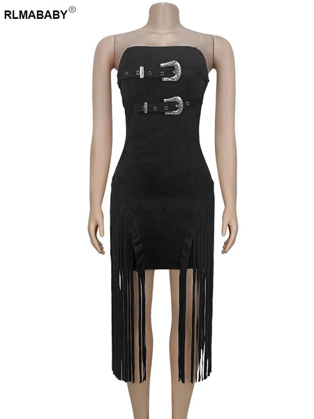 Trendy Fringed Tassel Backless Dress With Belt