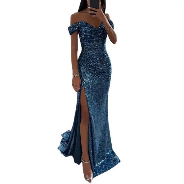 Trendy Formal Elegant V Neck Shoulder Sequin Dress