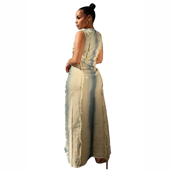 Trendy Denim Hollow Out Vest And High Slit Skirt Set