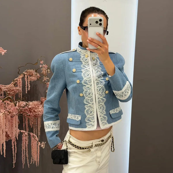 Trendy Denim Cropped Lace Trim Jackets
