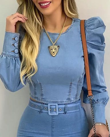 Trendy Puff Sleeve Denim Corset Top