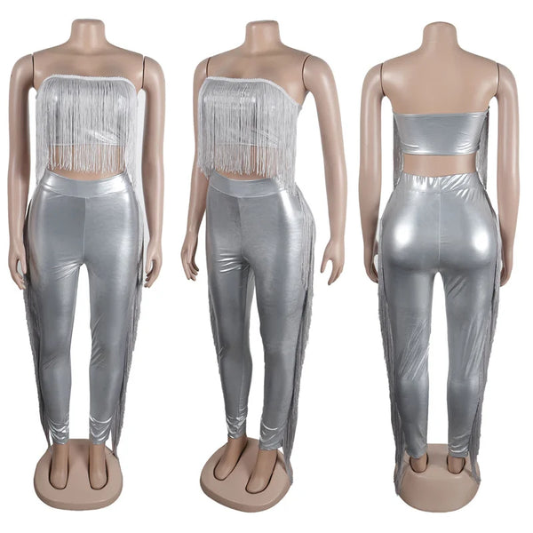 Trendy Metallic Tassels Crop Top And Pants Set