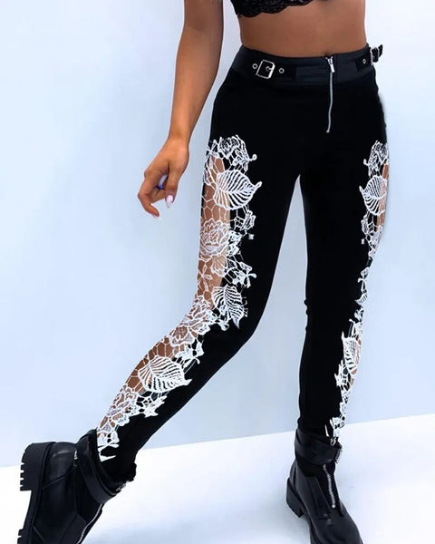 Trendy High Waist Solid Color Lace Floral Jeggings