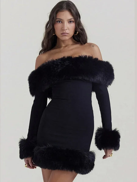 Trendy Off Shoulder Fur Long Sleeve Party Dress