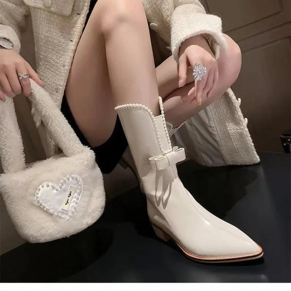 Trendy Leather Bow Pointed Toe Boots