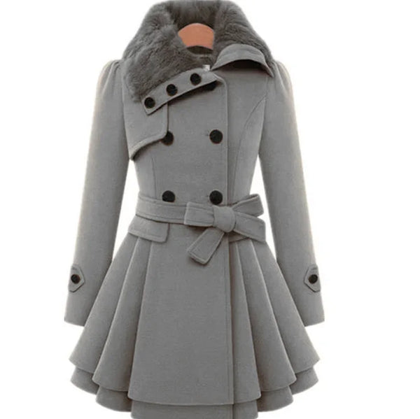 Trendy Woolen Fur Pleated Trench Coat