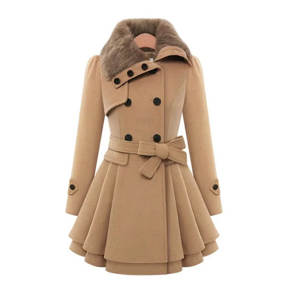 Trendy Woolen Fur Pleated Trench Coat