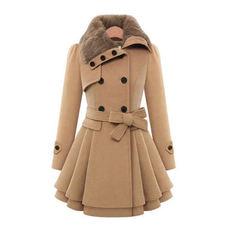 Trendy Woolen Fur Pleated Trench Coat