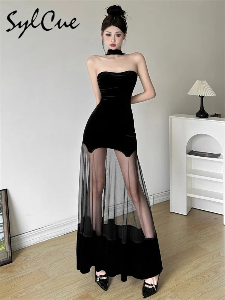 Trendy Mesh Black Halter Formal Dress