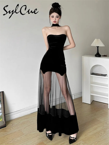 Trendy Mesh Black Halter Formal Dress