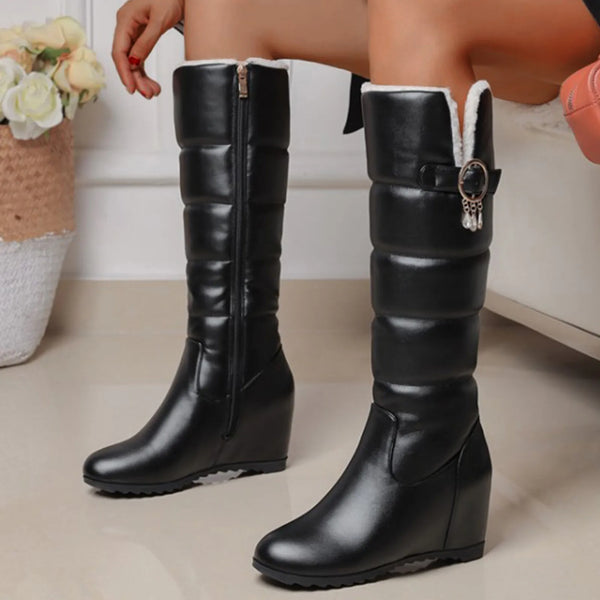 Trendy Solid Puff Leather Knee High Wedge Boots