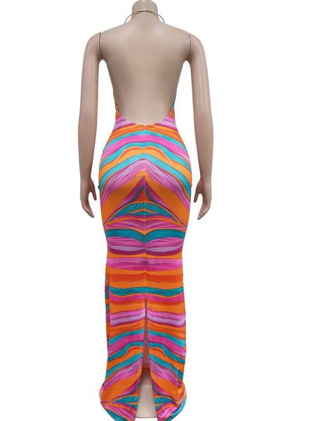 Trendy Backless Colorful Zebra Print Maxi Dress