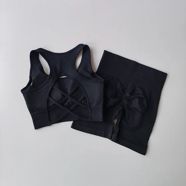 Trendy Yoga Crossed Two Piece Crop Top and Bottom Set