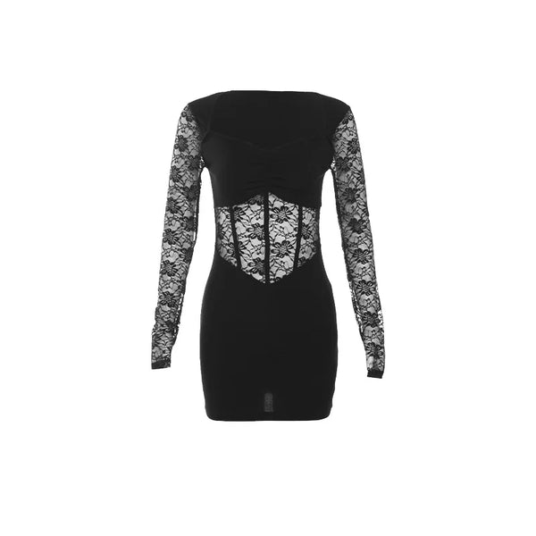 Trendy Black Mesh Lace Long Sleeve Dress
