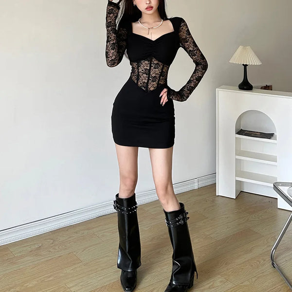 Trendy Black Mesh Lace Long Sleeve Dress
