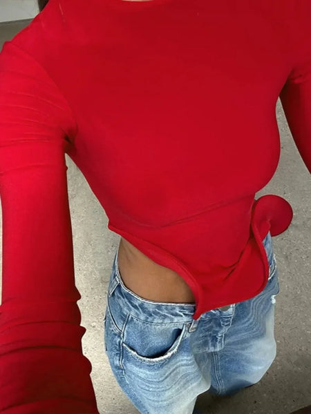 Trendy Flare Sleeve Red Ruffle Crop Blouse