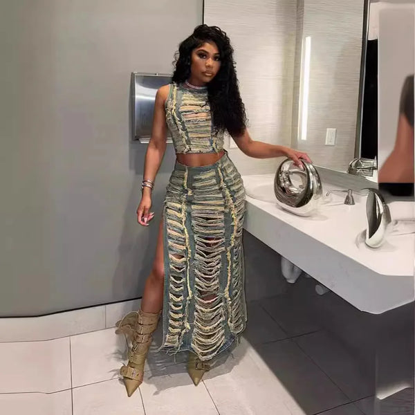 Trendy Denim Hollow Out Vest And High Slit Skirt Set