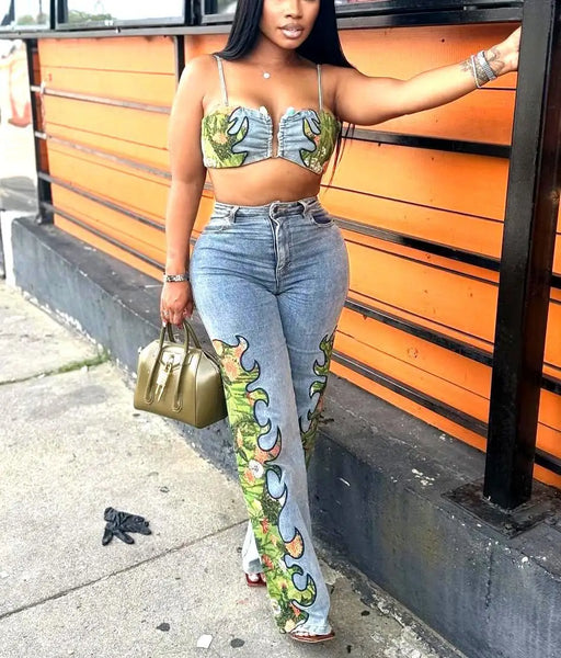 Trendy Floral Crop Top And Bottom High Waist Denim Set