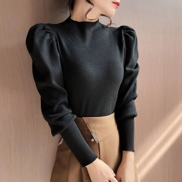Trendy Turtle Neck Puff Flare Sleeve Blouse