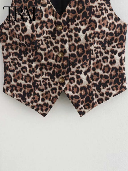 Trendy V Neck Cropped Leopard Casual Vest