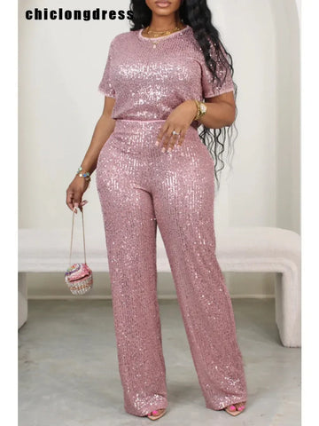Trendy Sequins Two Piece Solid Short Sleeve Set