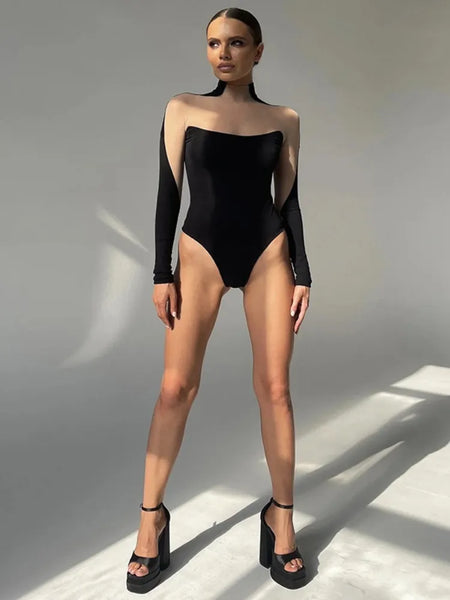 Trendy Mesh Transparent Long Sleeve Bodysuit