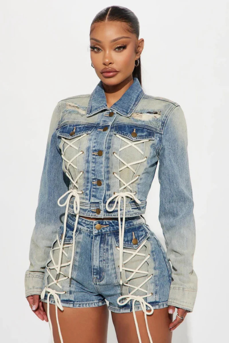 Trendy Denim Bandage Shorts And Crop Top Jacket Set