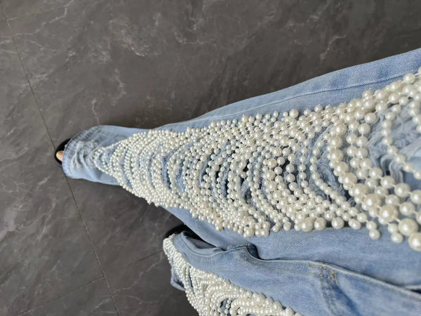 Trendy Pearl Hollow Out High Waist Jeans
