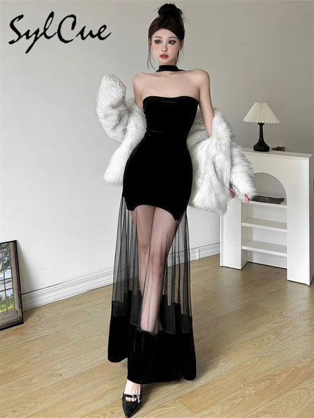 Trendy Mesh Black Halter Formal Dress