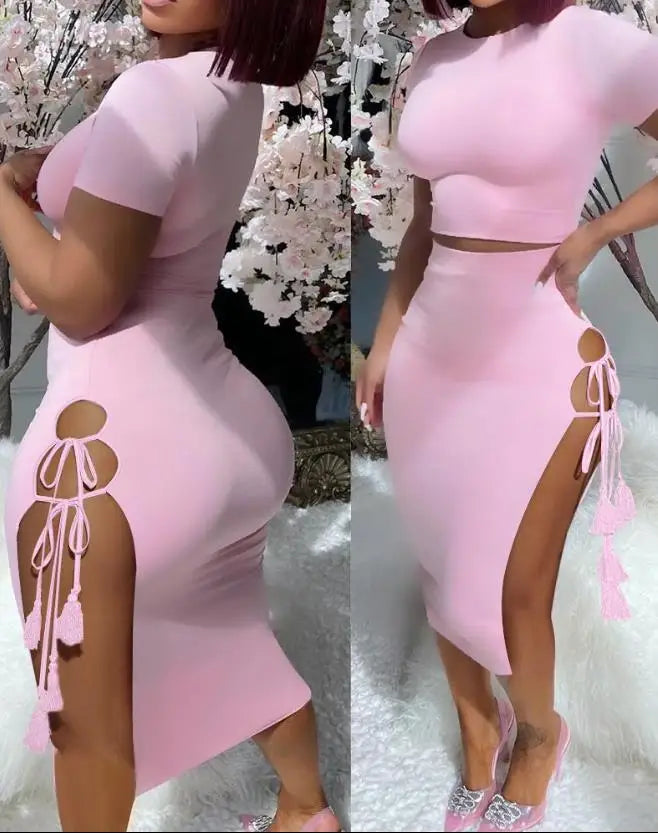 Trendy Pink Hollow Out Skirt And Crop Top Set