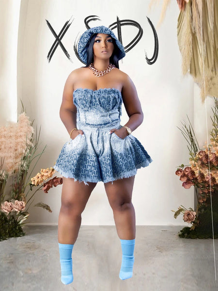 Trendy Denim Corset Crop And Ruched Bottom Set