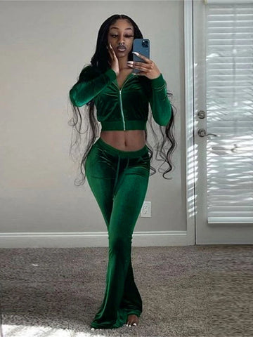 Trendy Solid Color Casual Two Piece Velvet Tracksuit