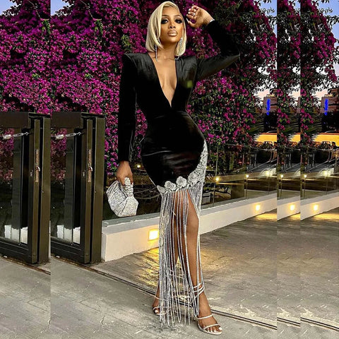 Trendy Black  Velvet Hollow Out Tassel