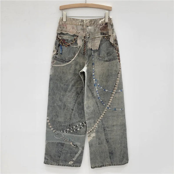 Lace Pearl Chain 3D Printed Wide Leg Jeans, Women Loose Straight-leg Trousers, Fashion Street Wear