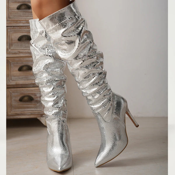 Trendy Silver Pointed High Knee Scrounged Boots