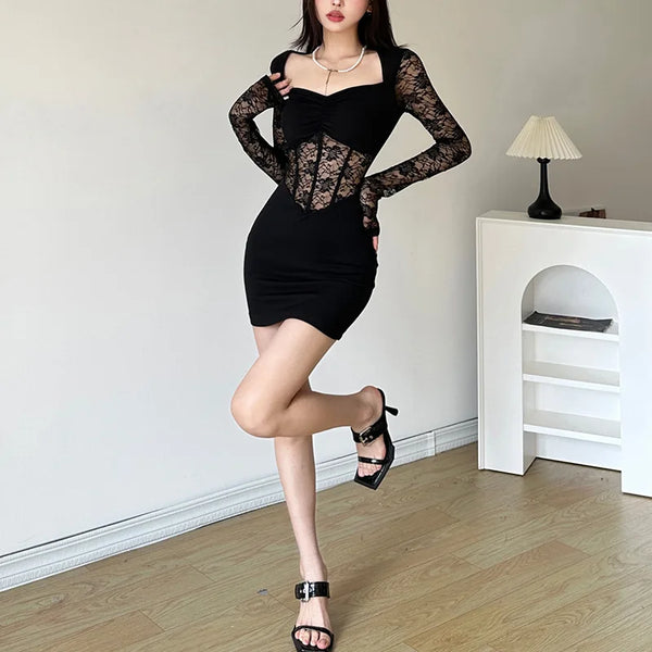 Trendy Black Mesh Lace Long Sleeve Dress