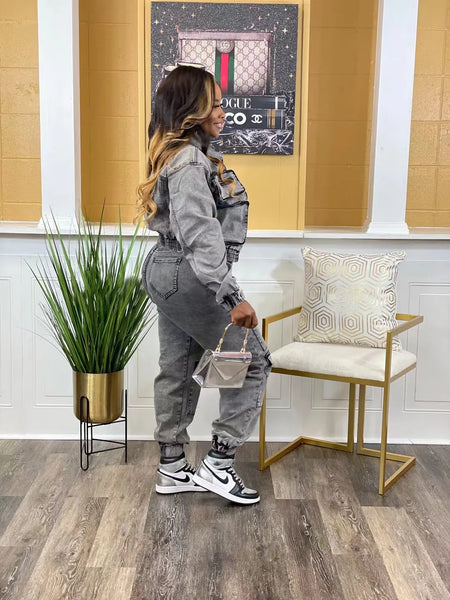 Trendy Denim Cargo Style Jacket And Pants Set
