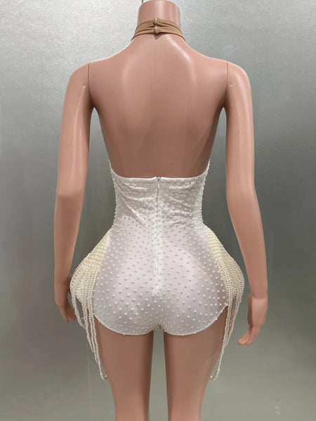 Trendy Pearl Halter Backless Bodysuit